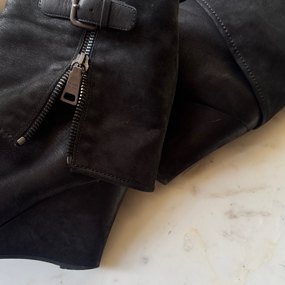 Prada Black Suede Wedge Ankle Boots - Picture 6 of 7
